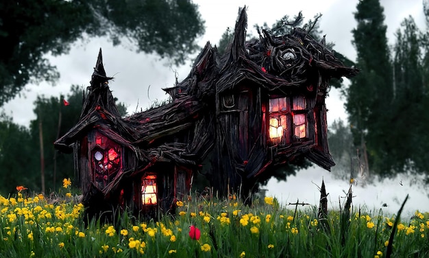 Fiaba magica casa delle streghe porte e finestre in legno incandescente Caccia alle streghe nella foresta Illustrazione per un libro di fiabe