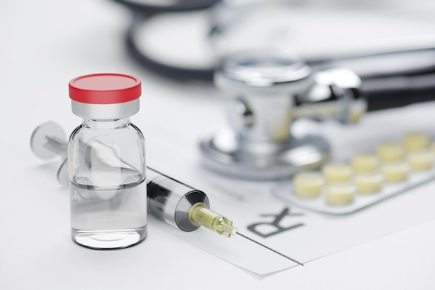 Fiala di vaccino sul tavolo dei medici Illustrazione del rendering 3d del concetto di vaccinazione