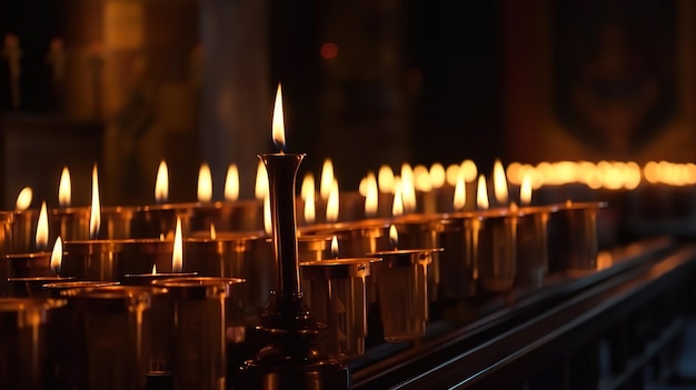 Fiamma di candele nell'oscuro interno sacro del tempio Generativo Ai