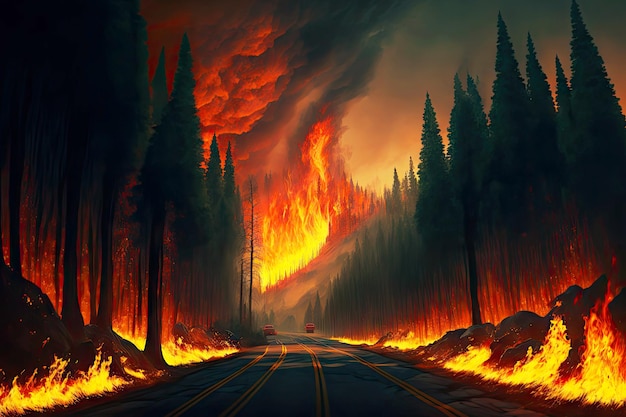 Fiamme che si diffondono attraverso la strada lungo la foresta durante un incendio boschivo
