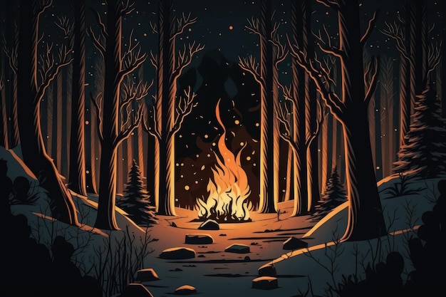 Fiamme nella foresta invernale di notte