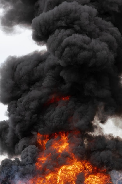 Fiamme rosso fuoco e movimento nuvole di fumo nero coperto cielo Forte fuoco e alta temperatura