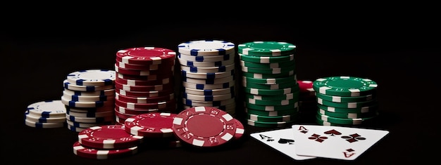 Fiches da poker del casinò che cadono su sfondo di feltro verde IA generativa