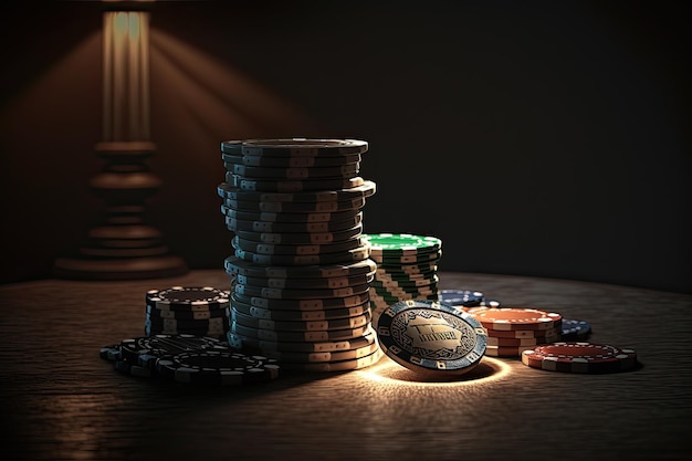 Fiches da poker impilate su un tavolo in condizioni di scarsa illuminazione Ai generative