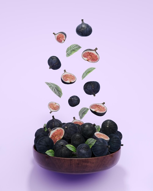 Fichi freschi frutti e fette di fichi che cadono e levitano sfondo viola rendering 3d