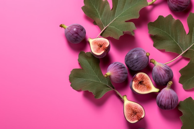 Fichi su sfondo rosa con foglie e fichi