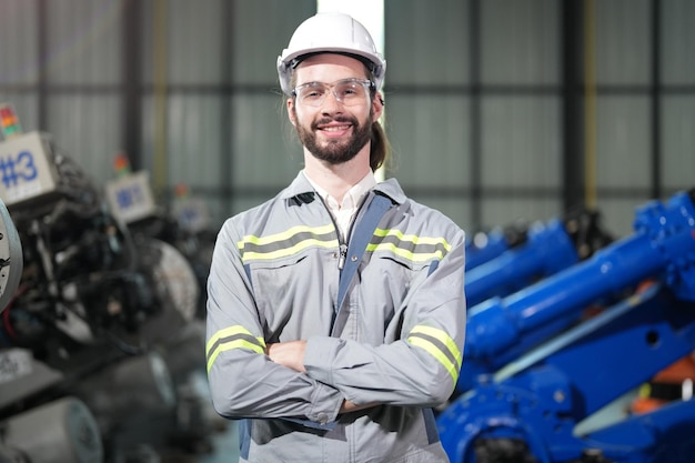 Fiducia in piedi dell'ingegnere di fabbrica Il lavoratore lavora alla macchina pesante al braccio del robot della macchina pesante La saldatrice con un sistema remoto in una fabbrica industriale Concetto di intelligenza artificiale