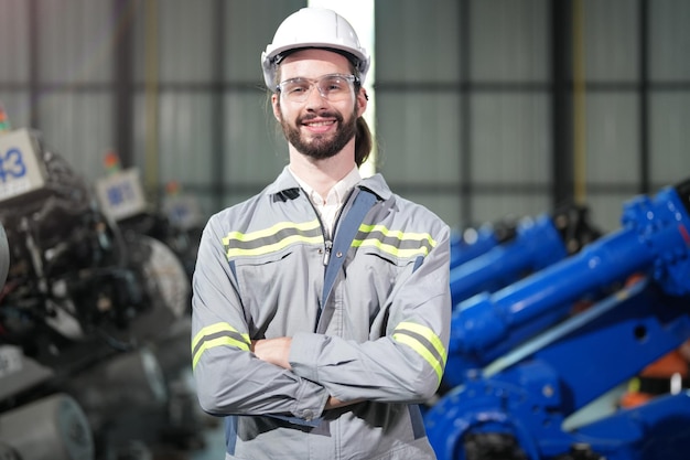 Fiducia in piedi dell'ingegnere di fabbrica Il lavoratore lavora alla macchina pesante al braccio del robot della macchina pesante La saldatrice con un sistema remoto in una fabbrica industriale Concetto di intelligenza artificiale