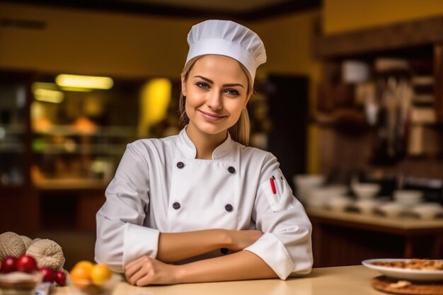 fiduciosa donna d'affari cioccolatiere in piedi nel suo negozio braccia incrociate guardando alla telecamera