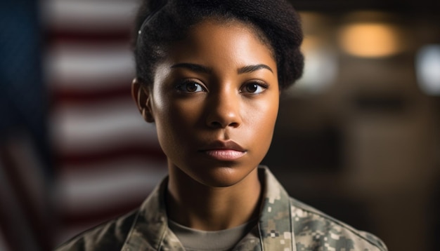 Fiduciosa giovane donna africana in uniforme militare generata dall'intelligenza artificiale