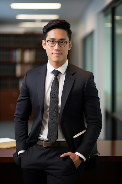 Fiducioso giovane avvocato nella regolazione dell'ufficio abbigliamento formale