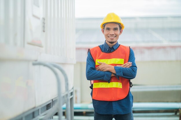 Fiducioso ingegnere asiatico in piedi in fabbrica Asia lavoratore dipendente in elmetto di sicurezza lavoro in fabbrica
