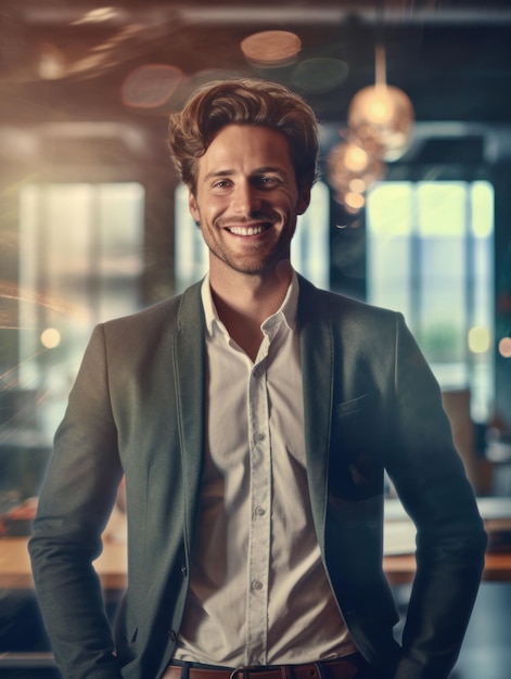 Fiducioso uomo bello e di successo sorridente e dall'aspetto determinato