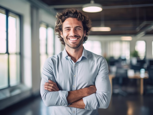 Fiducioso uomo bello e di successo sorridente e dall'aspetto determinato