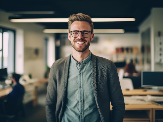 Fiducioso uomo bello e di successo sorridente e dall'aspetto determinato