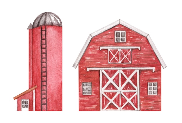 Fienile rosso con silo clipart fattoria fienile in legno illustrazione isolata