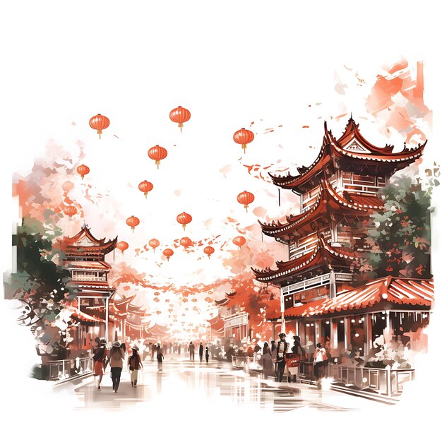 Fiera del tempio a acquerello cinese a tema con bancarelle vivaci e opere d'arte creative vibranti