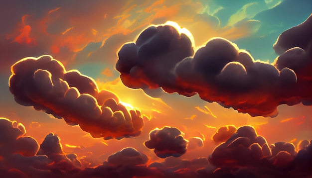 Fiery arancione drammatico cielo al tramonto nuvoloso Colori colorati dell'alba Incredibile bellezza Uno sfondo di natura astratta bella e colorata Illustrazione 3d