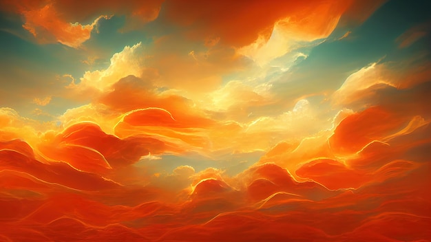 Fiery arancione drammatico cielo al tramonto nuvoloso Colori colorati dell'alba Incredibile bellezza Uno sfondo di natura astratta bella e colorata Illustrazione 3d