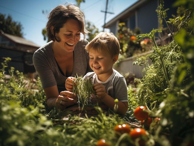 Figlio piccolo aiuta la mamma a raccogliere le verdure Foto di alta qualità