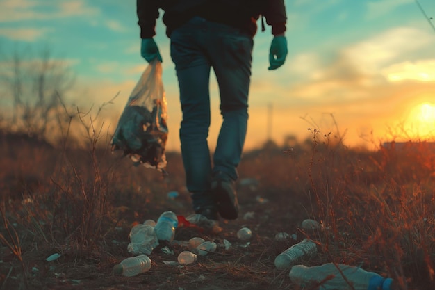 Figura a silhouette che cammina con un sacchetto della spazzatura durante un tramonto vibrante che enfatizza l'ambiente