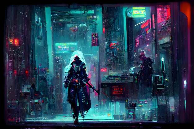 Figura di assassino cyberpunk nella notte in stile cyberpunk illuminato al neon ambiente urbano rete neurale generata arte