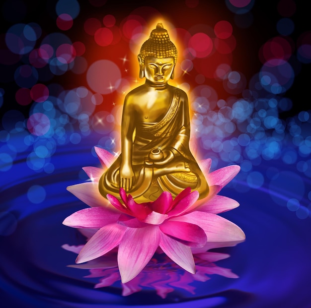 Figura di Buddha in fiore di loto sull'effetto bokeh dell'acqua