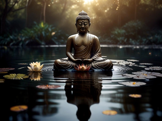 Figura di Buddha su un lago con lotus