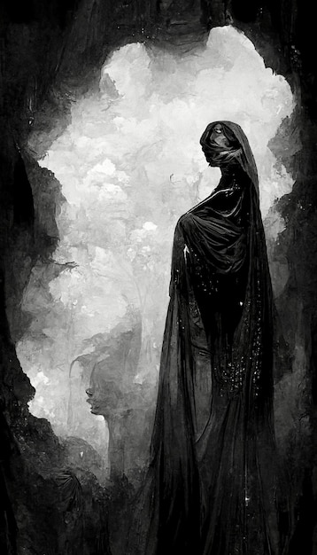 Figura di donna scura e raccapricciante con un lungo mantello nero vestito sfondo grigio nuvola incorniciato da fumo nero