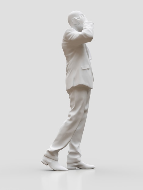 Figura di plastica di un uomo di colore in un vestito che parla al telefono. rendering 3D.