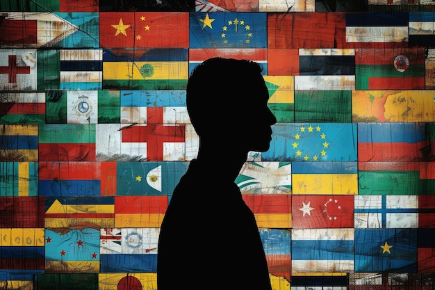 figura di rifugiato umano con valigie colorate con diverse bandiere mondiali di paesi