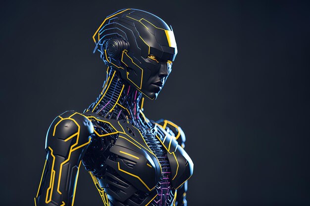 Figura di robot fatto di metallo e sistemi elettronici robot Cyborg su sfondo scuro AI generativa