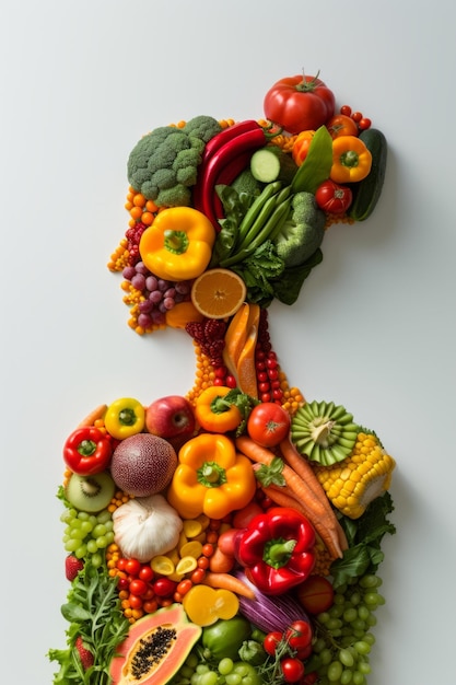 Figura di una ragazza fatta di verdure e frutta promozione di un'alimentazione sana IA generativa