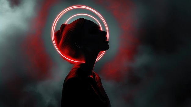 Figura femminile a silhouette con un cerchio di neon luminoso dietro la testa in un ambiente surreale scarsamente illuminato
