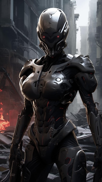 Figura femminile cibernetica di fantascienza vestita con un'armatura nera Un personaggio immaginario futuristico armato