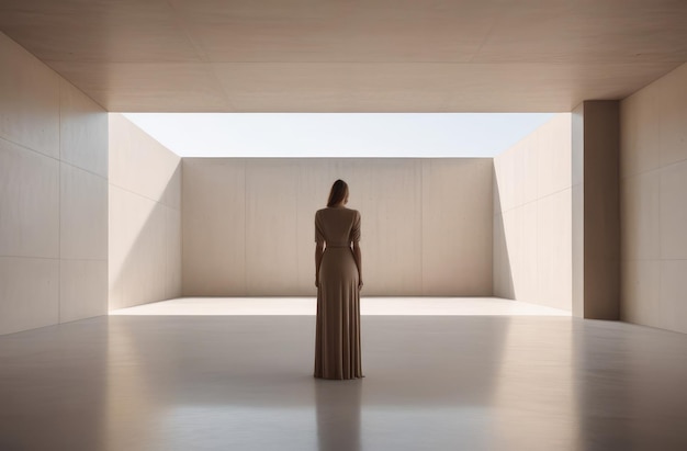 figura femminile in uno spazio di cemento rigido illuminato dal sole disegno architettonico minimalista in toni beige