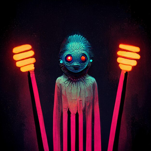 figura illuminata con braccia e gambe incandescenti che tengono bastoncini di neon generativa ai