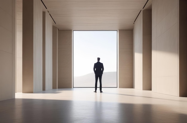 figura maschile in uno spazio di cemento assoluto illuminato dal sole disegno architettonico minimalista in toni beige