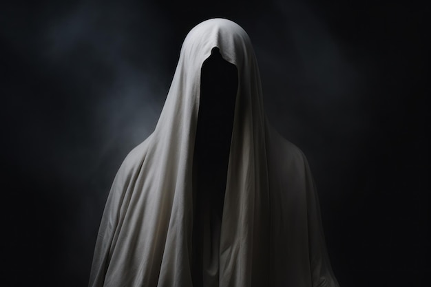 Figura misteriosa avvolta da un mantello bianco su uno sfondo scuro