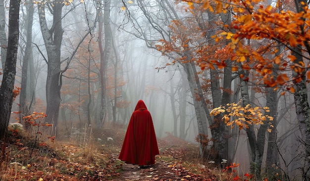Figura misteriosa in mantello rosso che vaga attraverso la foresta nebbiosa d'autunno