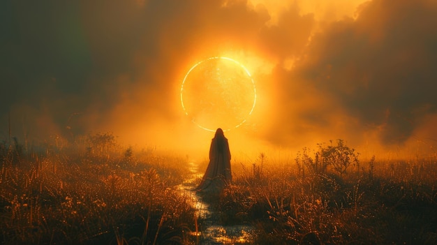 Figura mistica con un cerchio luminoso in un campo nebbioso al tramonto