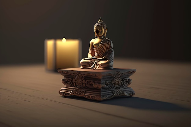 figura o immagine di Buddha in oro o oro su un tavolo di legno illuminato a lume di candela, immagine zen per il relax creata con la tecnologia Generative AI