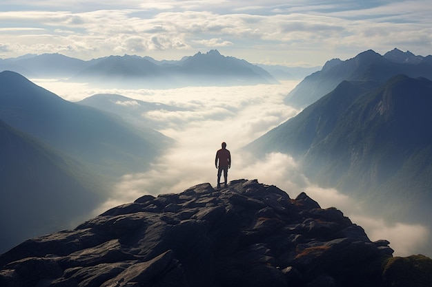 Figura o silhouette solitaria che ammira la vista dalla vetta di una montagna