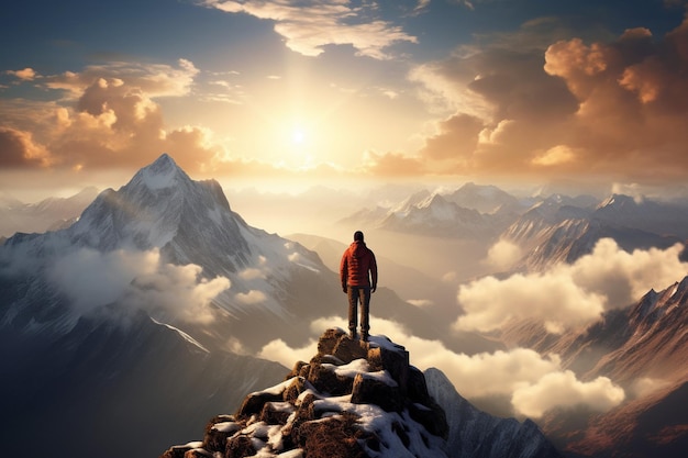 Figura o silhouette solitaria che ammira la vista dalla vetta di una montagna