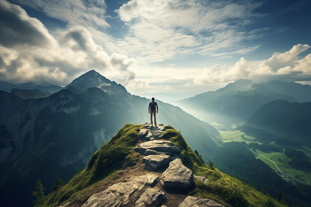 Figura o silhouette solitaria che ammira la vista dalla vetta di una montagna