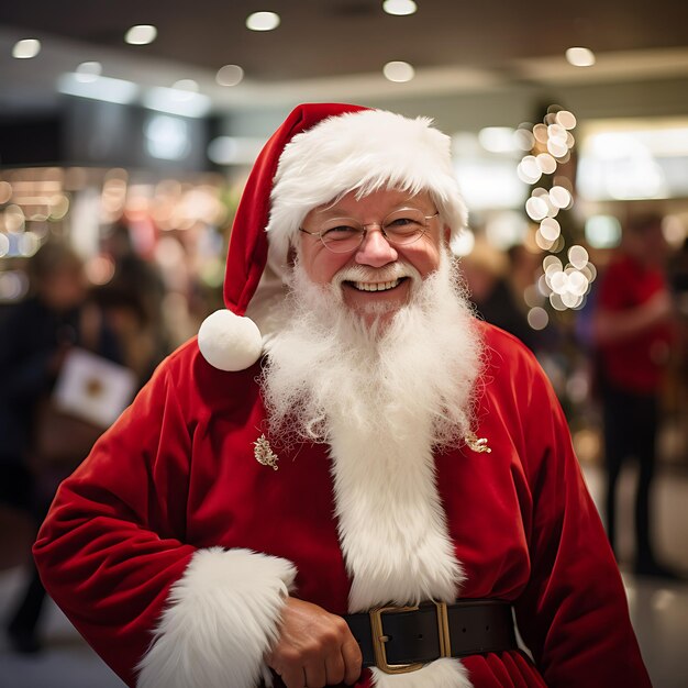 figura piena felice sorridente Babbo Natale tarda notte shopping di Natale in uno shopping scandinavo