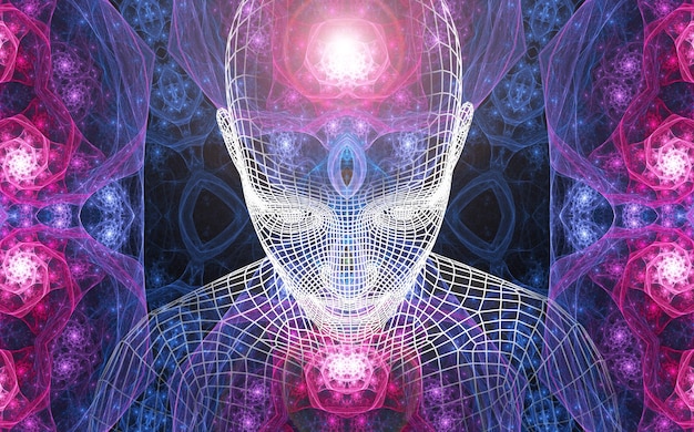 Figura poligonale di un uomo sullo sfondo dell'universo Un viaggio mistico attraverso l'universo Lo stato di meditazione Pittura surreale 3D Arte transpersonale
