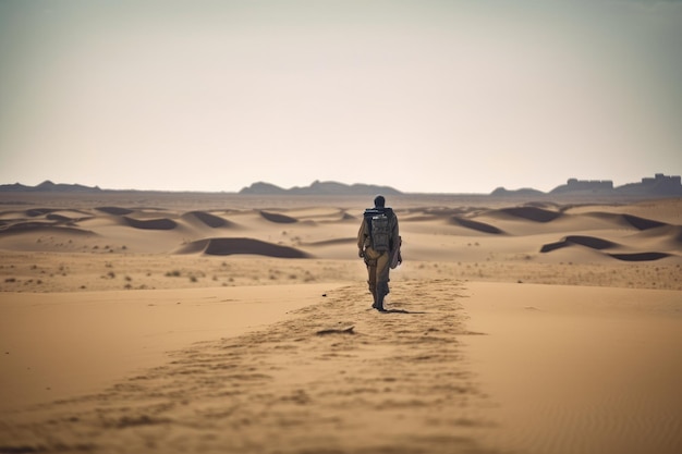 Figura solitaria che cammina nel deserto con un carico pesante alla ricerca di un'oasi in lontananza