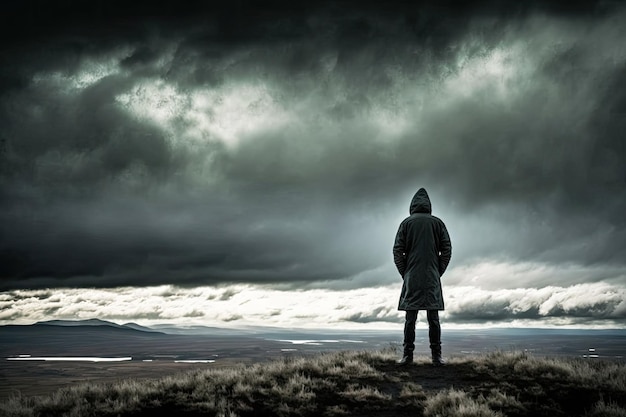 Figura solitaria in piedi in cima a una collina spazzata dal vento che guarda un cielo tempestoso IA generativa