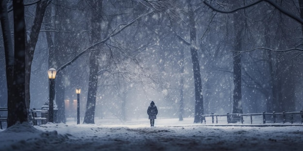 Figura solitaria nella solitudine della tempesta di neve in mezzo alla riflessione interiore della furia dell'inverno